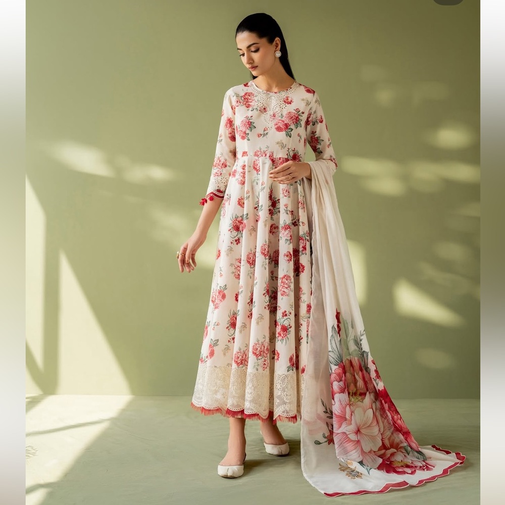 Floral Cream Dress with Red Accents